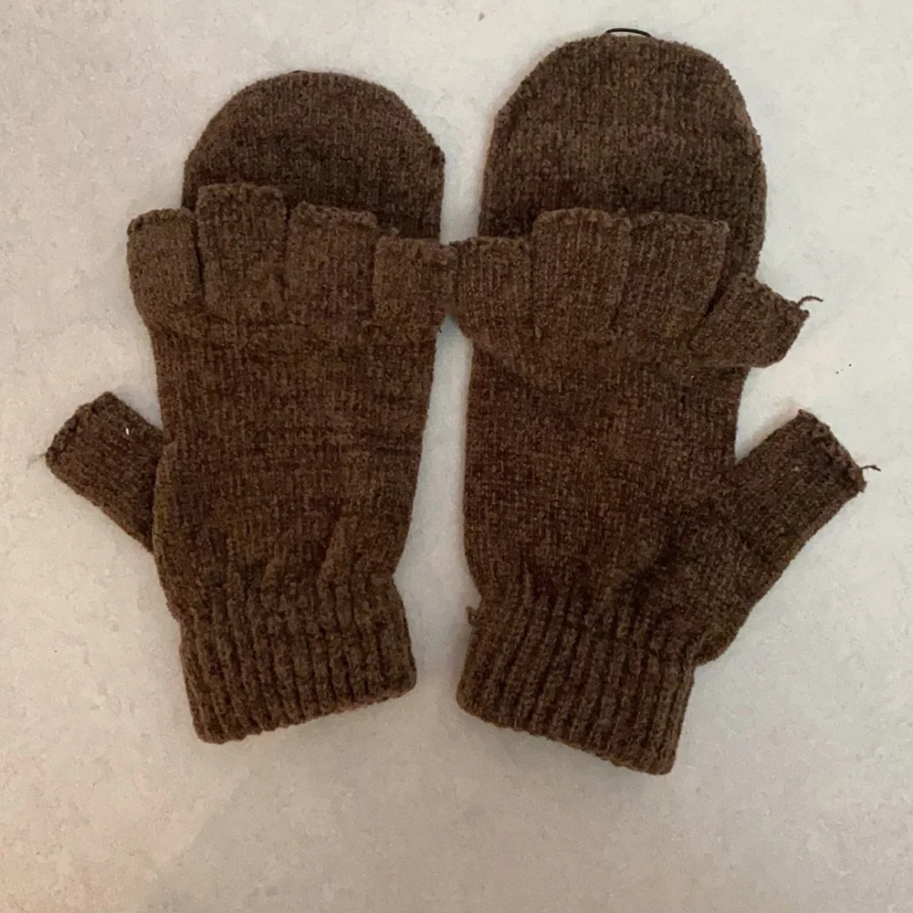 Women men Unisex Brown knit winter mittens gloves multi use covered fingers